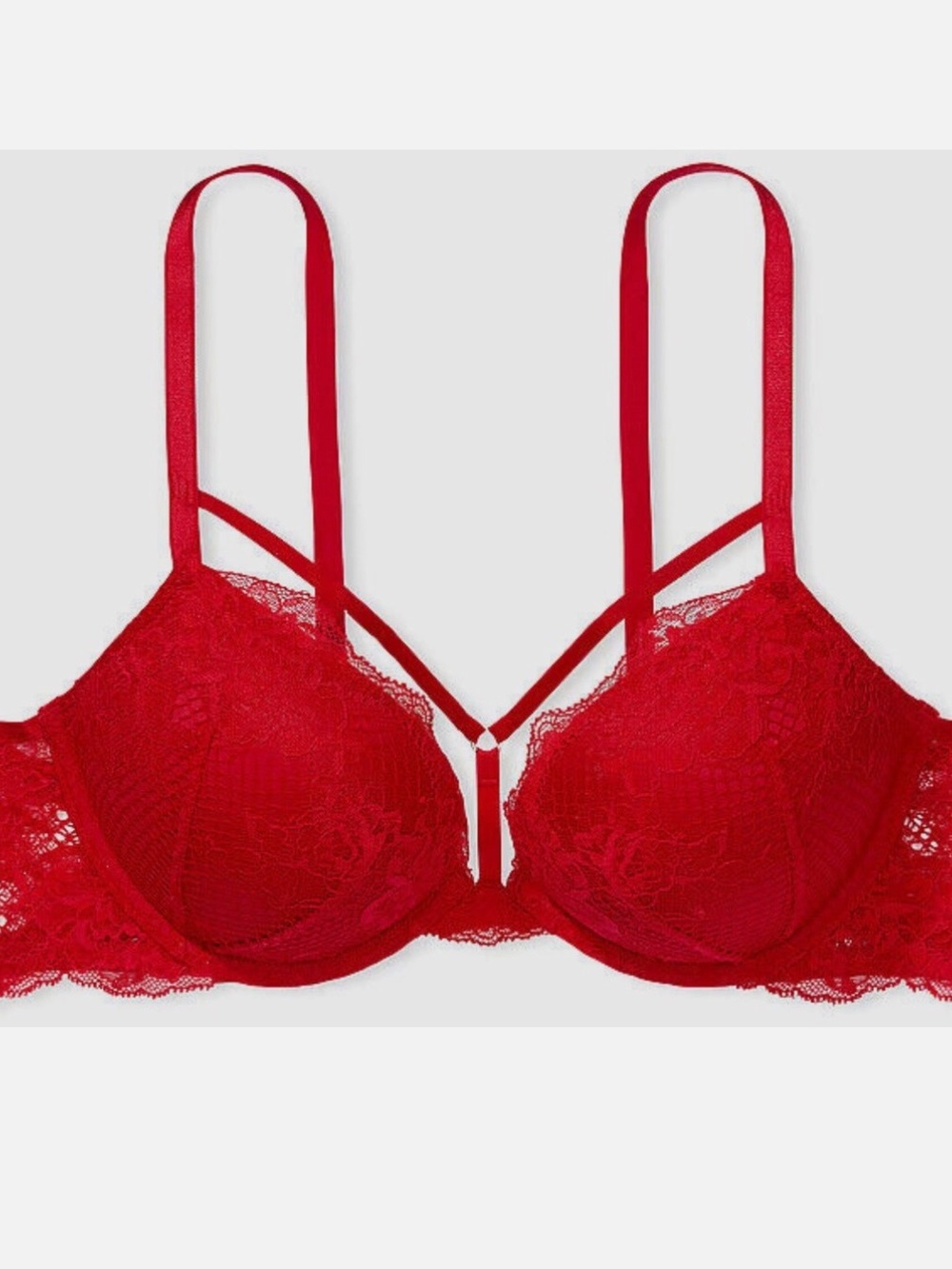 Victoria's Secret Sexy Red Lace Push-Up Bra 32B Fishnet bombshell Mesh lingerie